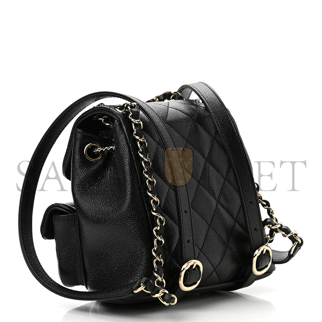 Ch*el shiny caviar quilted small duma pockets drawstring backpack black as3787 (17.5*16.5*10cm)